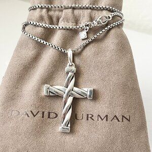 David Yurman Sterling Silver Helios Cross Pendant Men's With Box Chain 25''-26''